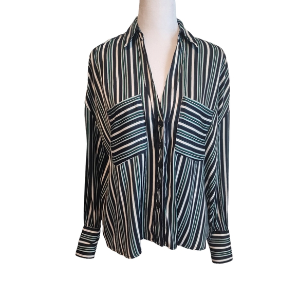 EUC Free People Blue Green Stripe Oversized Mad About You Button Down Shirt - Picture 2 of 15